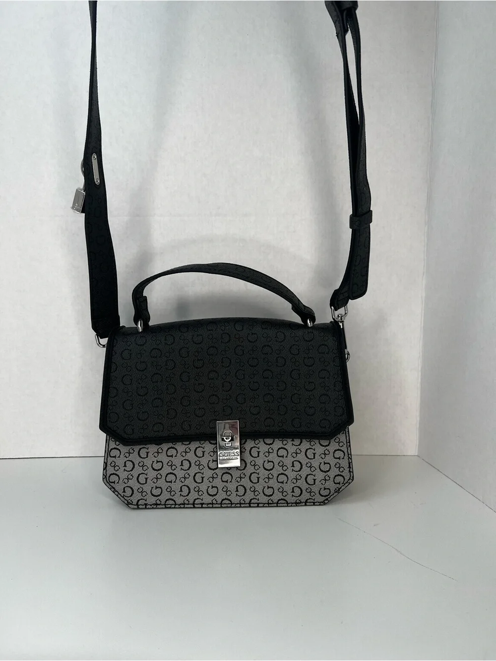 GUESS Black & White Logo Print Top Handle Crossbody Satchel